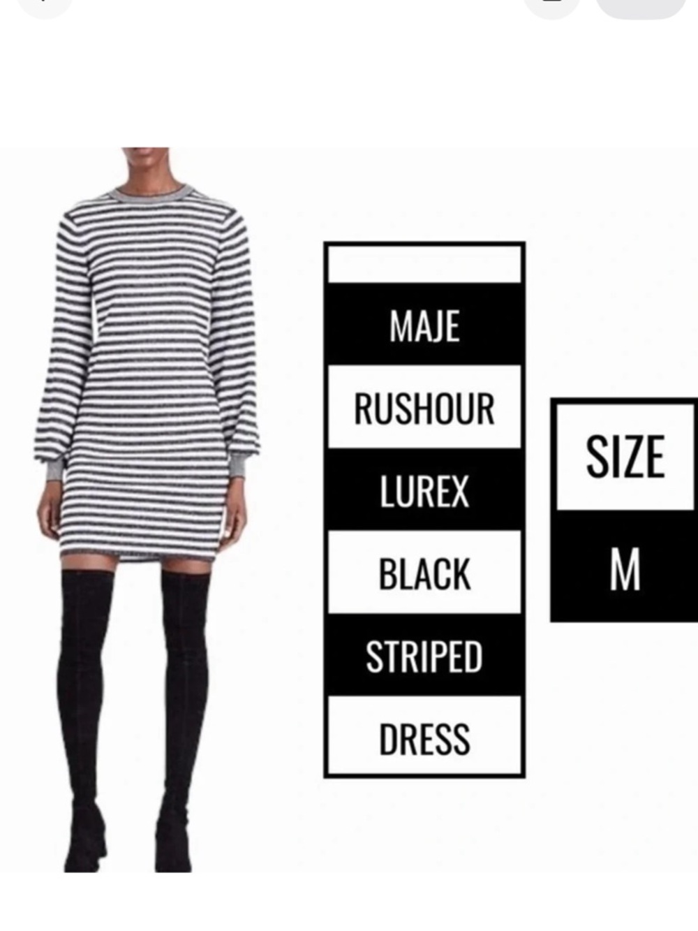 Maje black and silver striped mini dress with long drama sleeves size medium